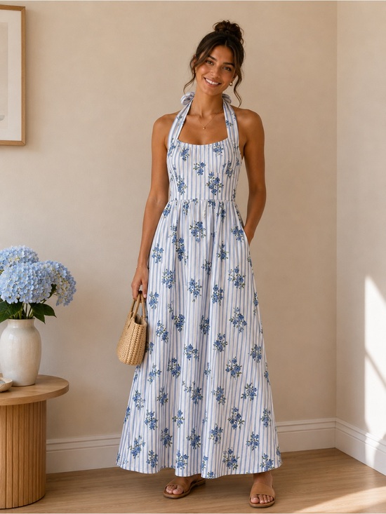 Laura Ashley Dresses & Skirts - Laura Ashley Blue Floral Halter Maxi Dress